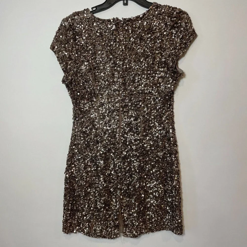 Parker All Over Sequins V-Neck‎ Silk Mini Dress Gold Metallic M Cap Sleeve Y2k